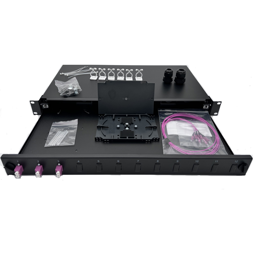 Panneau 1U coulissant-Kit épissure-3 ports duplex LC/UPC (Violet)+Pigtails 900µm OM4, cassettes+protections épissures