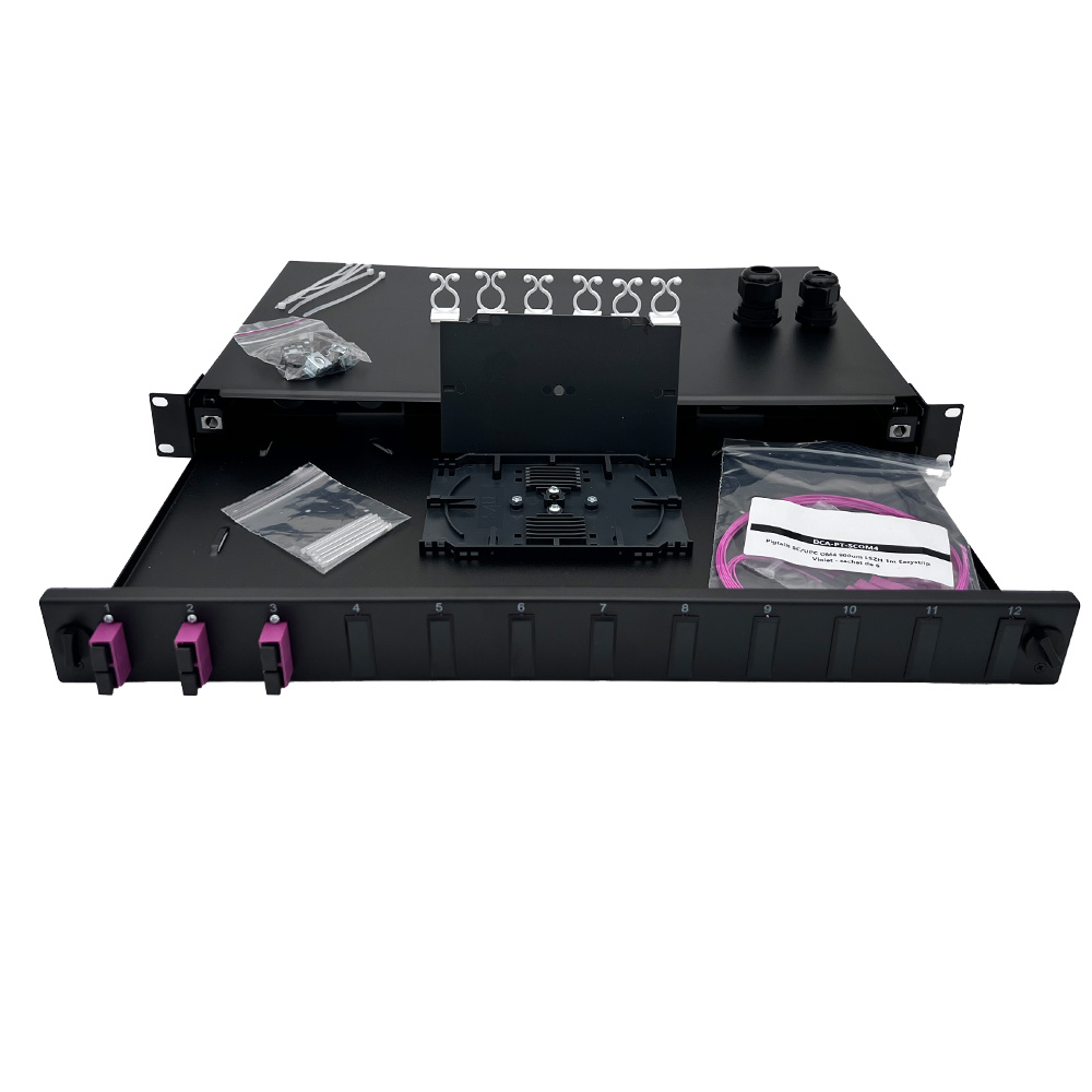 Panneau 1U coulissant-Kit épissure-03 ports duplex SC/UPC(Violet)+Pigtails 900µm OM4, cassettes+protections épissures