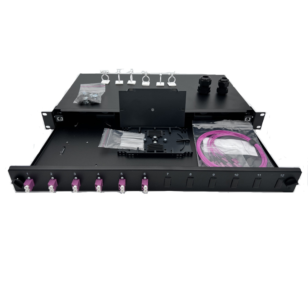 Panneau 1U coulissant-Kit épissure-06 ports duplex LC/UPC(Violet)+Pigtails OM4, cassettes+protections épissures