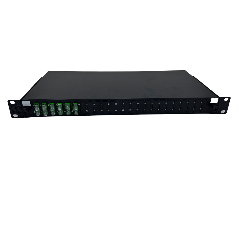 Panneau 1U Coulissant-Kit épissure-6 ports Duplex SC/APC+ 12 Pigtails 900µm OS2, cassettes+protection epissures