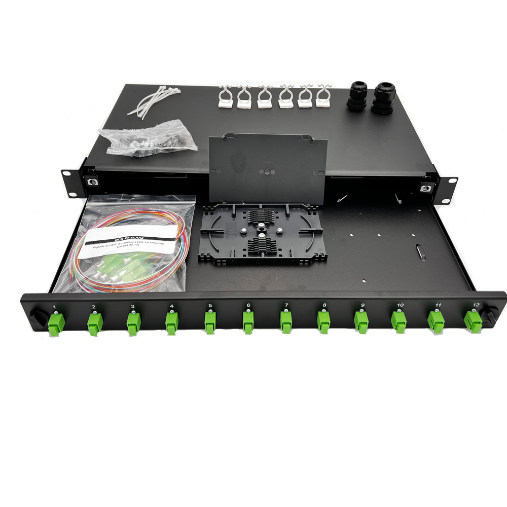 Panneau 1U Coulissant-Kit épissure-12 ports simplex SC/APC +Pigtail couleur 900µmG657.A2, cassettes+protection epissures