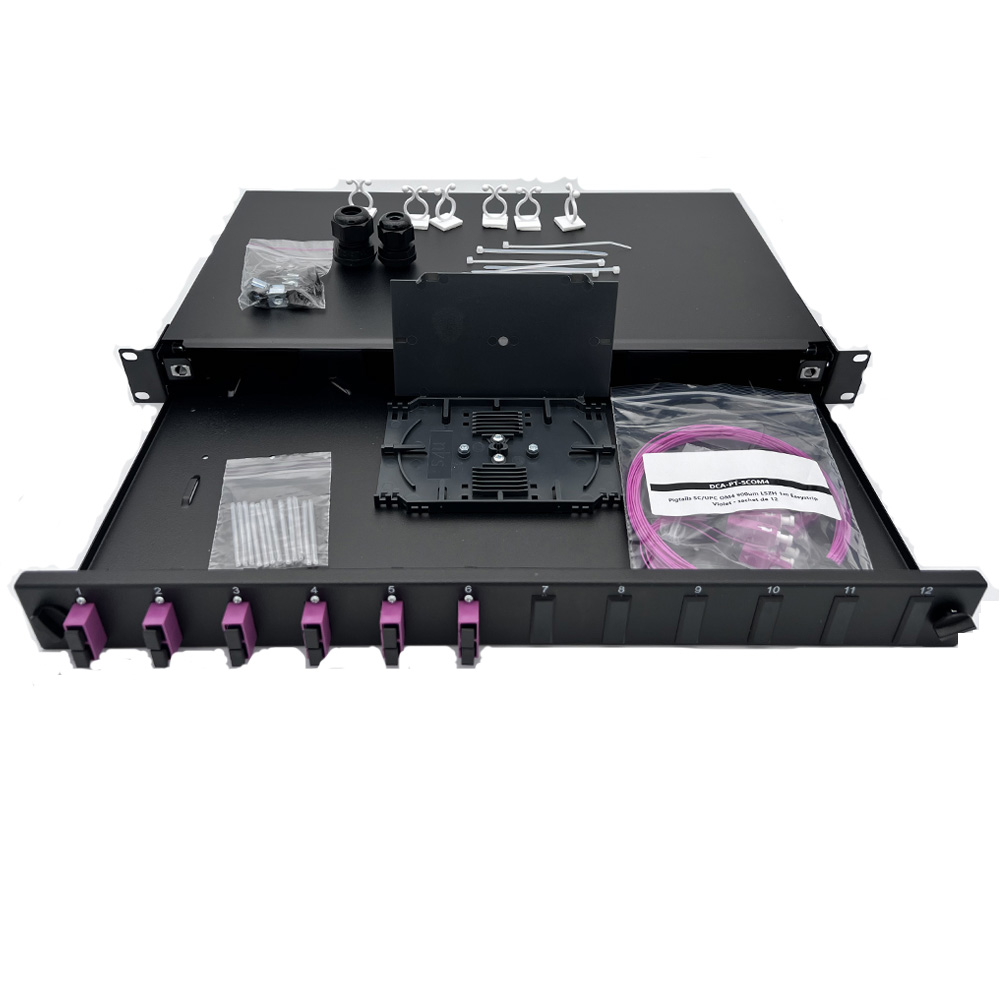 Panneau 1U coulissant-Kit épissure-06 ports duplex SC/UPC(Violet)+Pigtails OM4, cassettes+protections épissures