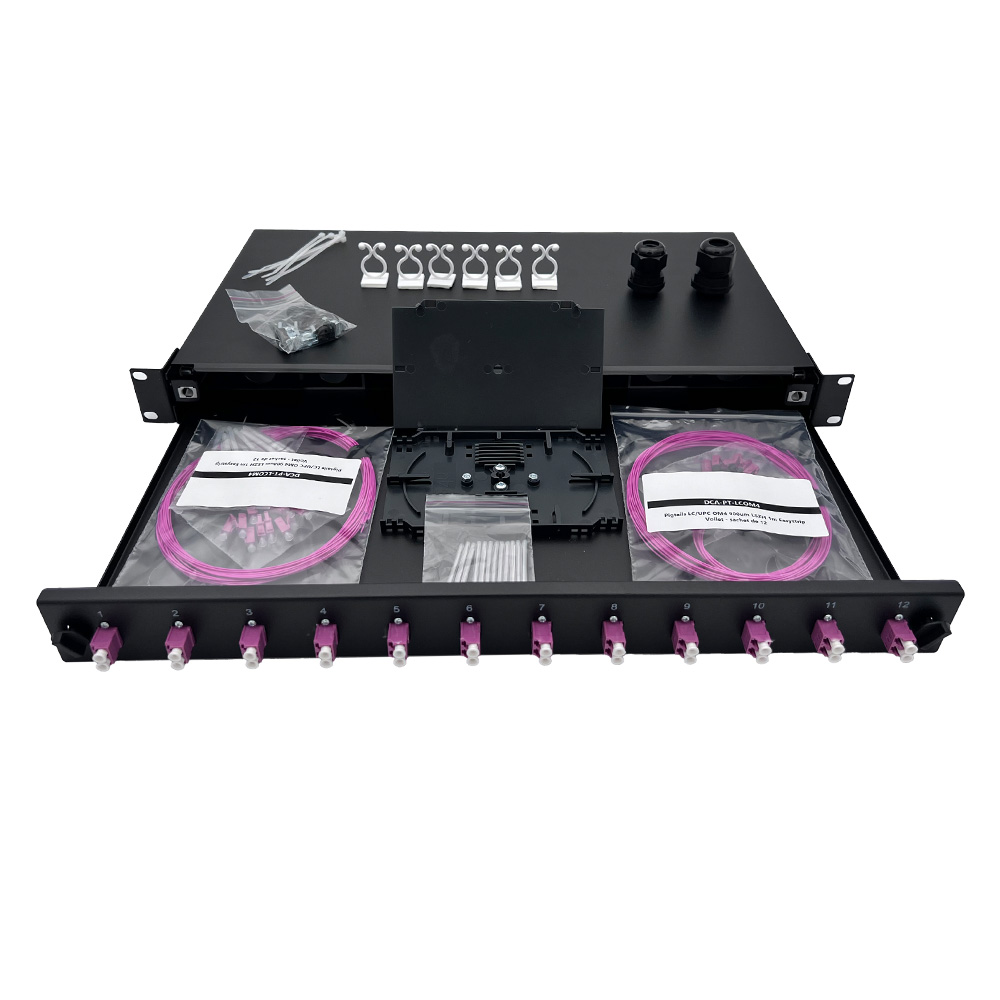 Panneau 1U coulissant-Kit épissure-12 ports duplex LC/UPC(Violet)+Pigtails OM4, cassettes+protections épissures