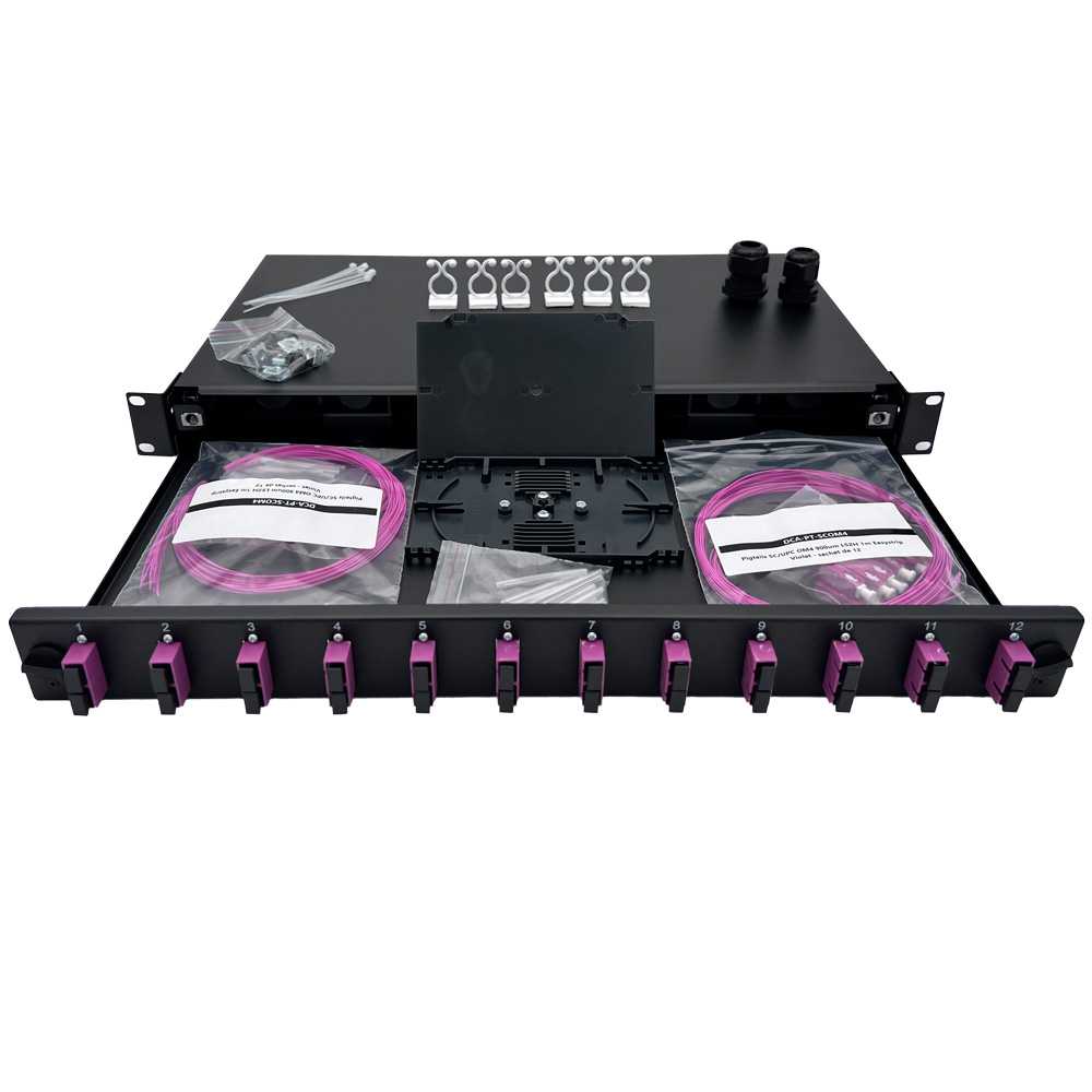 Panneau 1U coulissant-Kit épissure-12 ports duplex SC/UPC(Violet)+Pigtails 900µm OM4, cassettes+protections épissures