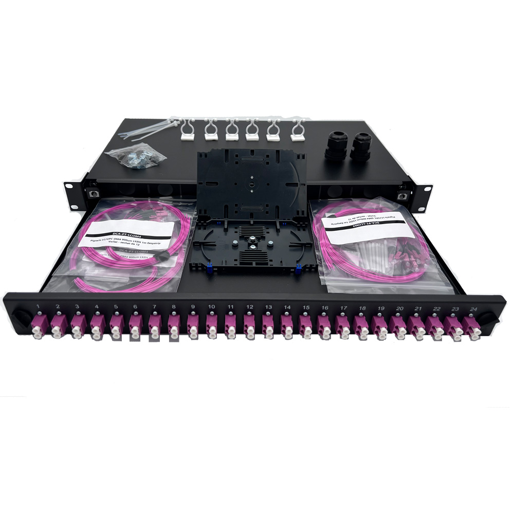 Panneau 1U coulissant-Kit épissure-24 ports duplex LC/UPC(Violet)+Pigtails 900µm OM4, cassettes+protections épissures