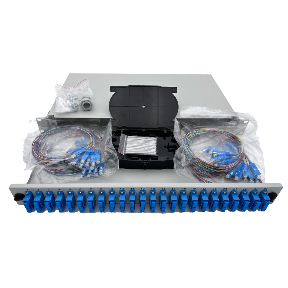 Panneau 1U Coulissant-Kit épissure-24 ports duplex SC/UPC +Pigtail couleur 900µmG657.A2, cassettes+protection epissures