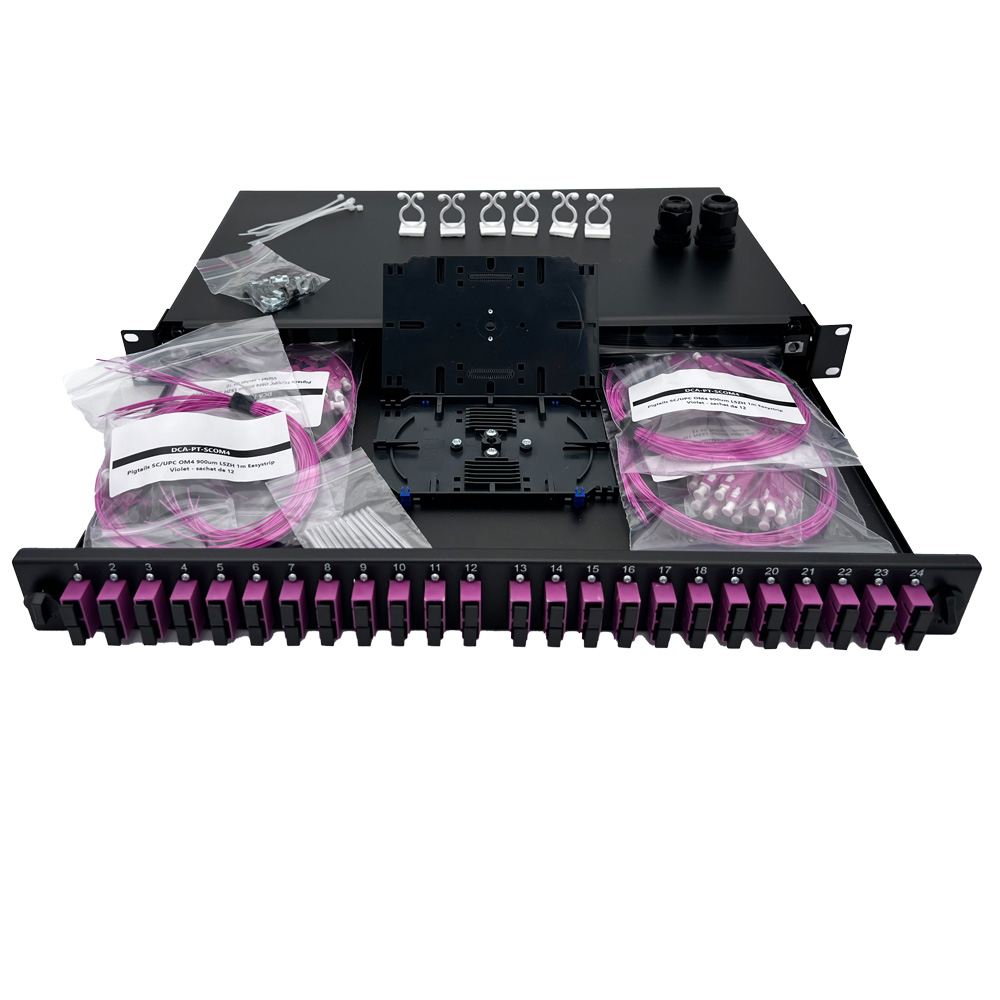 Panneau 1U coulissant-Kit épissure-24 ports duplex SC/UPC(Violet)+Pigtails OM4, cassettes+protections épissures