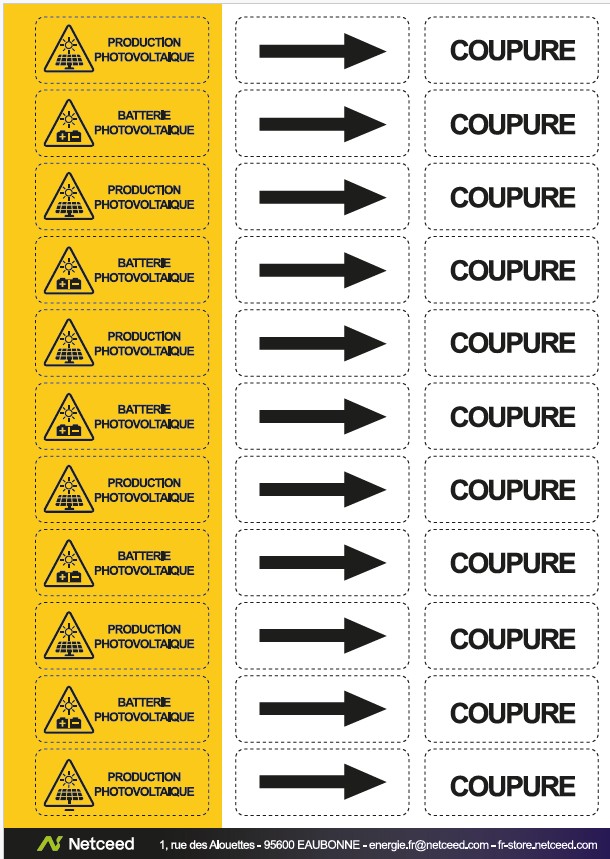 Planche de 33 étiquettes adhésives 210x297mm - 4/10 + découpe (Batt et prod PV /Symb / Coupure)