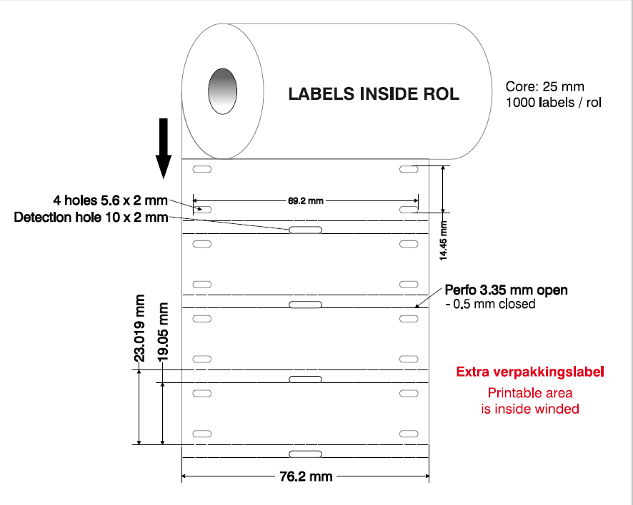 Étiquette blanche en polyester(B-7598) 19.05x76.20mm pour BBP11/12_Rlx. de 1000 étq._THTSC-B7598-76X19MM-1AC-UNPRTD