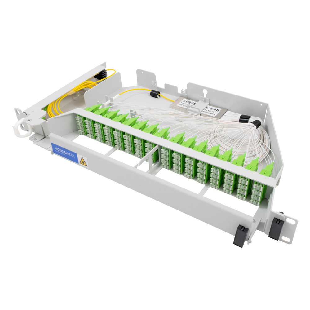 iRCP-V1+ER-32 CG: Rack acier 19'' coupleur charnière droit 1U avec 12PLC 1x2 connectorisé SC/APC