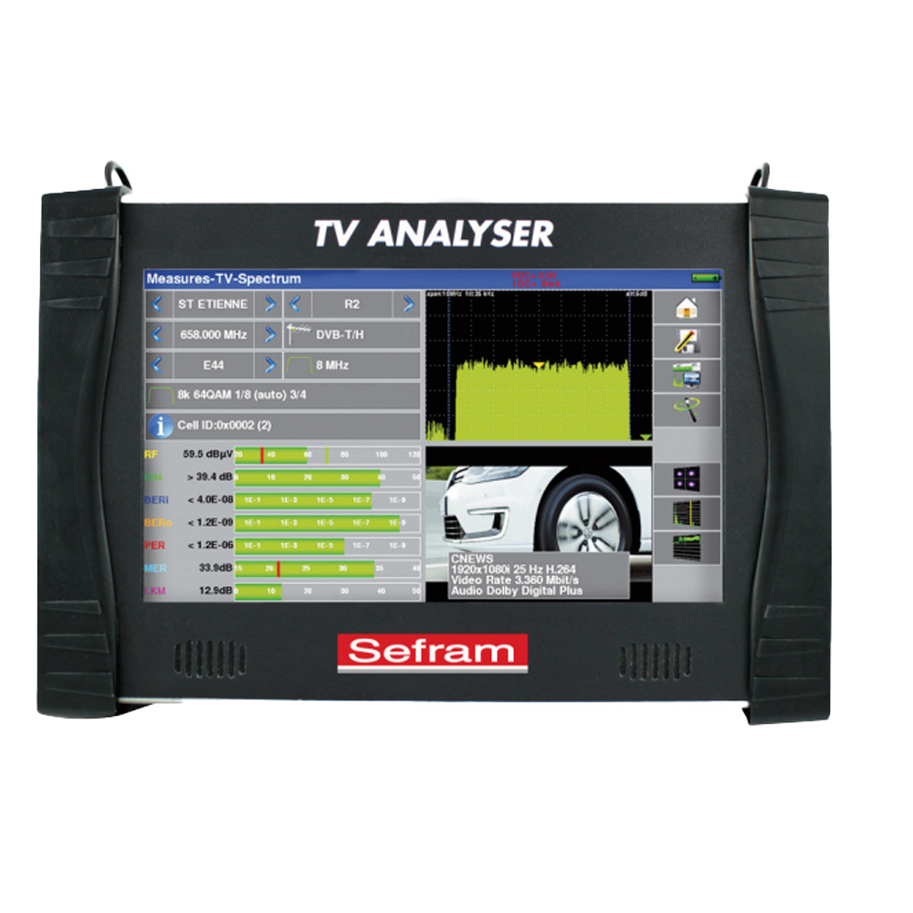 Mesureur de champ TV satellite, câble, terrestre. Mesures complètes signaux MPEG-2,MPEG-4, H.265. Affichage  TV HDR 4K. 